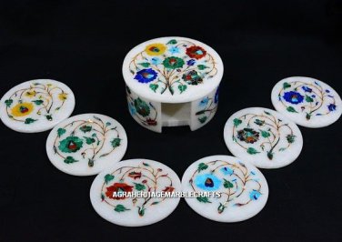 Multi Various Floral Round Marble Fine Coasters Set Inlay Home Gift Decor H5549