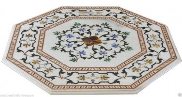 24"x24" White Marble Coffee Table Top Rare Mosaic Inlay Work Furniture Decor Art