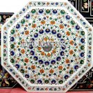 36'' White Marble Top Dinning Table Multi Floral Inlay Marquetry Outdoor Decor