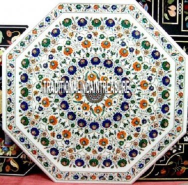 36'' White Marble Top Dinning Table Multi Floral Inlay Marquetry Outdoor Decor