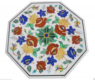 23"x23" Marble Side Table Top Semi Precious Gems Inlay Work Arts Decor Furniture