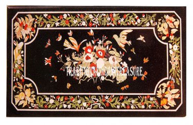 4'x2' Black Marble Dining Center Table Top Gems Pietradure Inlay Home Art Decor