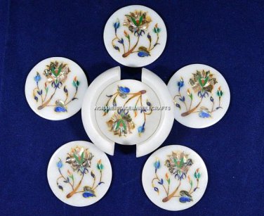 Round Marble Coaster Set Abalone Inlay Precious Stone Kitchen Gifts Decor H5554