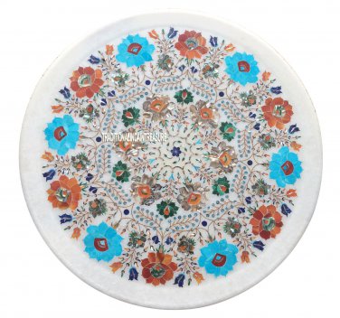 15" White Marble Round Plate Multi Stone Inlay Mosaic Beautiful Home Decor Gifts