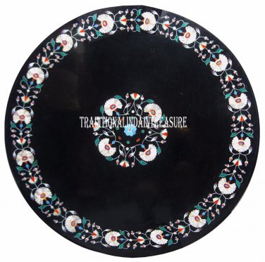 30" Black Marble Coffee Table Top Rare Gemstone Marquetry Inlay Art Home Decor