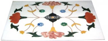 4'x2' White Marble Dining Mosaic Table Top Rare Marquetry Inlay Gems Home Decor
