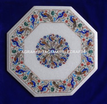 18" Marble Top Table Original Stone Peacock Inlay Pietra Dura Birds Peacocks Art
