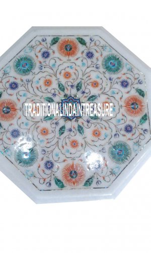 12'' White Marble Coffee Table Top Hakik Gems Mosaic Inlay Marquetry Home Decor