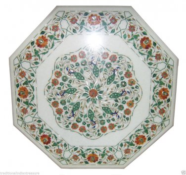 24" White Marble Coffee Table Top Semi Precious Inlay Mosaic Garden Decor Arts