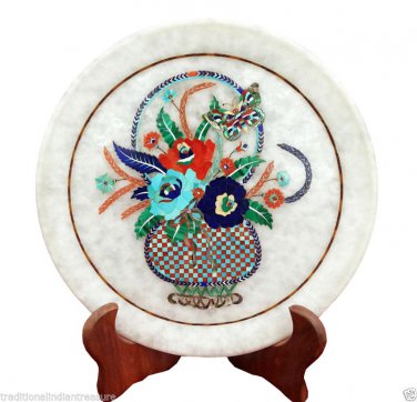 12" Marble Side Table Top Semi Precious Inlay Mosaic Floral Marquetry Work Decor