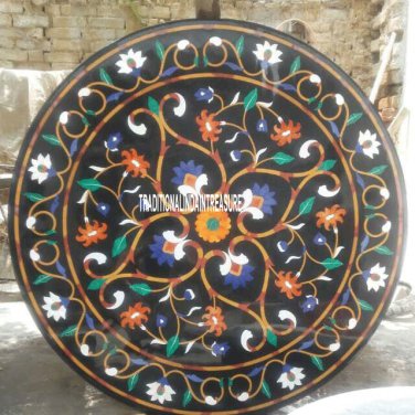 36" Black Marble Top Dining Table Mosaic Inlay Rare Stone Arts Marquetry Decor