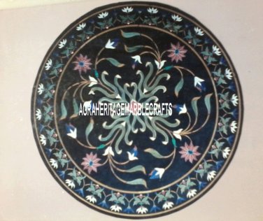 30'' Black Marble Coffee Table Top Floral Mosaic Pietradure Inlay Garden Decor