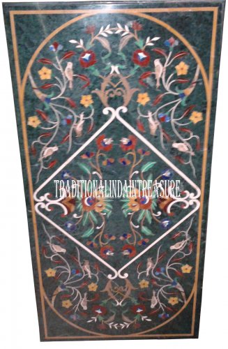 2.5'x5' Green Marble Dining Table Top Handmade Inlay Marquetry Gem Art Decor
