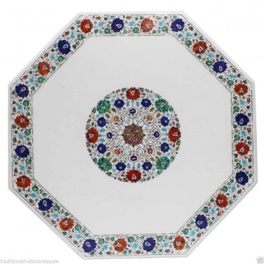 30"x30" Marble Coffee Table Top Multi Gems Marquetry Inlay Living Garden Decor