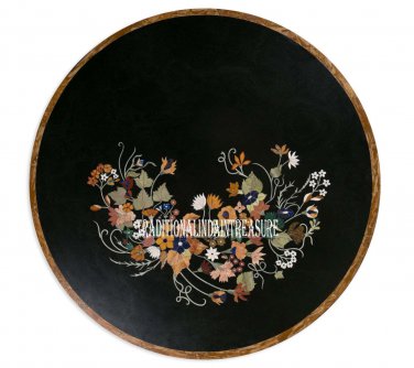 30" Black Marble Round Side Table Top Marquetry Gemstone Inlay Pietradura Decor