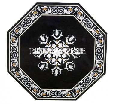 24" Black Marble Coffee Table Top Marquetry Inlay Mosaic Art Furniture Decor