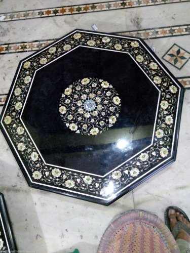 24" Decorative Black Marble Table Mosaic Top Marquetry Inlaid Home Decor Gifts