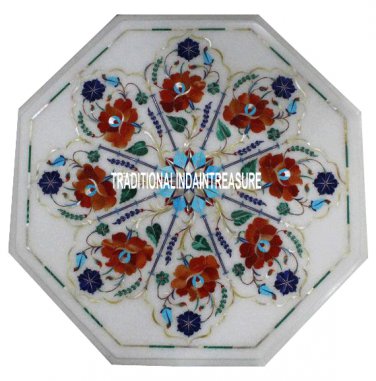 12"White Marble Restaurant TableTop Hakik Marquetry Inlay Floral Work Decorative