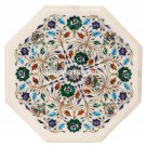 15'' White Marble Coffee Table Top Malachite Floral Work Inlay Semi Precious Art