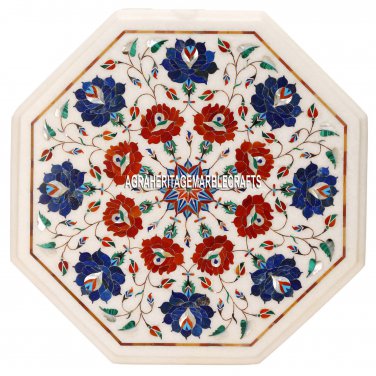 15'' White Marble Top Center Table Lapis Semi Precious Inlay Marquetry Art Decor