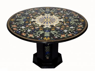 48" Black Marble Real Dining Room Table Top Pietra Dura Decor Gifts Inlaid Art
