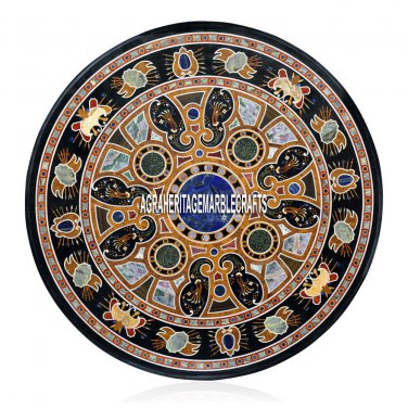 48" Black Marble Round Hallway Table Top Scagliola Inlaid Outdoor Decor H3941