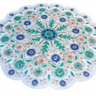 White Marble Round Plate Rare Malachite Inlay Micro Mosaic Floral Art Home Decor