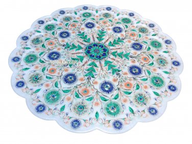 White Marble Round Plate Rare Malachite Inlay Micro Mosaic Floral Art Home Decor