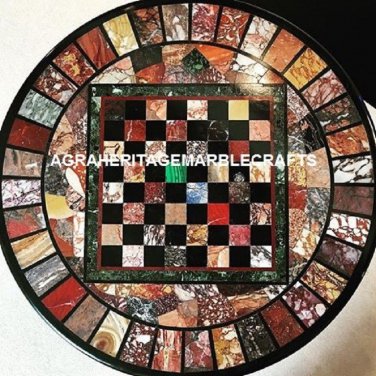 36" Marble Chess Dining Playing Table Precious Mosaic Inlaid Outdoor Decor H3984