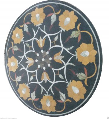 2'X2' Marble Round Side Top Table Hakik Mosaic Floral Work Garden Art Decor H944