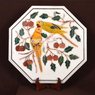 21'' White Marble Coffee Top Table Mosaic Parrot Arts Inlay Furniture Home Decor