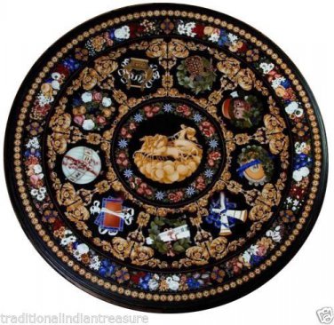 24"x24" Marble Coffee Round Table Top Rare Marquetry Inlay Gems Fine Art Decor