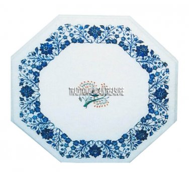 14'' White Marble Floral Coffee Table Top Real Lapis Inlaid Marquetry Arts Decor