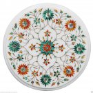 12" White Marble Top Coffee Round Table Malachite Floral Work Inlay Mosaic Decor