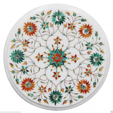 12" White Marble Top Coffee Round Table Malachite Floral Work Inlay Mosaic Decor