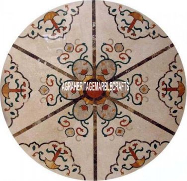 24" White Marble Round Side Table Top Mosaic Unique Inlay Furniture Decor H3999