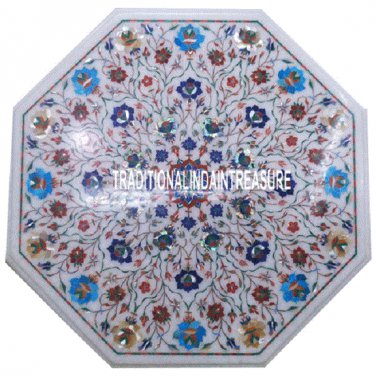 18'' White Marble Coffee Table Top Multi Gems Marquetry Inlay Fine Work Decor