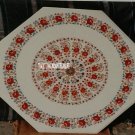 24'' White Marble Octagon Table Inlay Carnelian Mosaic Stone Inaly Garden Decor