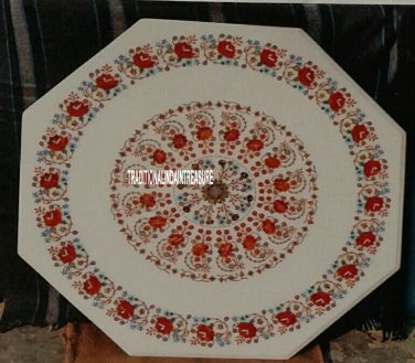 24'' White Marble Octagon Table Inlay Carnelian Mosaic Stone Inaly Garden Decor