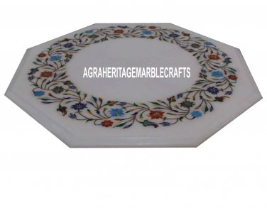 14'' White Marble Restaurant Top Table Marquetry Floral Work Inlay Outdoor Decor