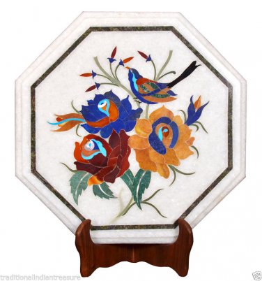 13" White Marble Coffee Table Top Lapis Inlaid  Hakik Floral Marquetry Art Decor