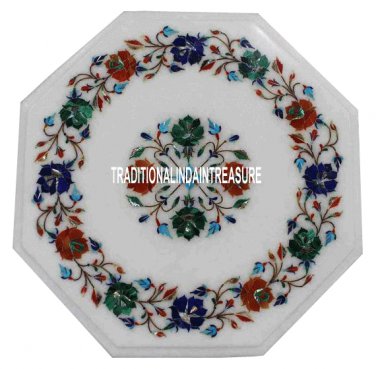 12" White Marble Coffee Table Top Malachite Art Inlay Marquetry Decorative Arts