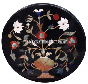 24" Black Marble Coffee Table Top Rare Pietradure Floral Arts Mosaic Home Decor