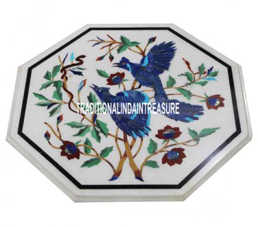 18" White Outdoor Marble Table Lapis Birds Art Inlay Marquetry Outdoor Art Decor