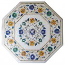 14" White Marble Center Table Top Lapis Hakik Inlay Marquetry Decorative Arts