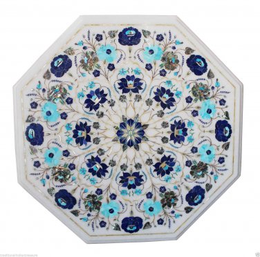 24"x24" Marble Side Corner Table Top Semi Precious Stone Mosaic Inlay Decor