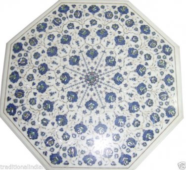 24" White Marble Side Corner Table Top Lapis Gemstone Mosaic Inlay Garden Decor