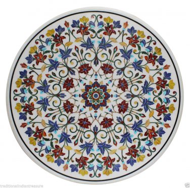 44" White Marble Dining Table Top Marquetry Floral Inlay Beautiful Love Gift Art