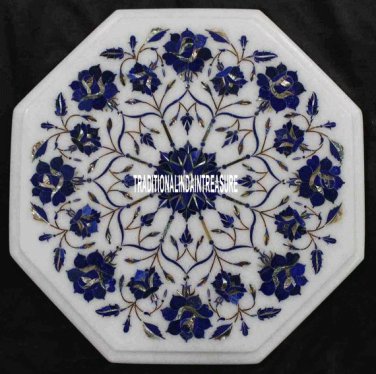 12'' White Marble Top Coffee Table Lapis Lazuli Inlay Mosaic Work Home Art Decor