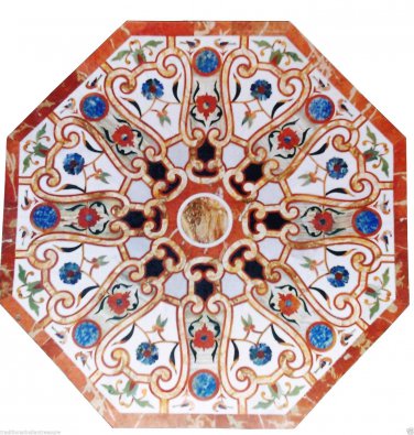 30"x30" Marble Coffee Table Top Mosaic Inlay Gems Semi Precious Marquetry Decor